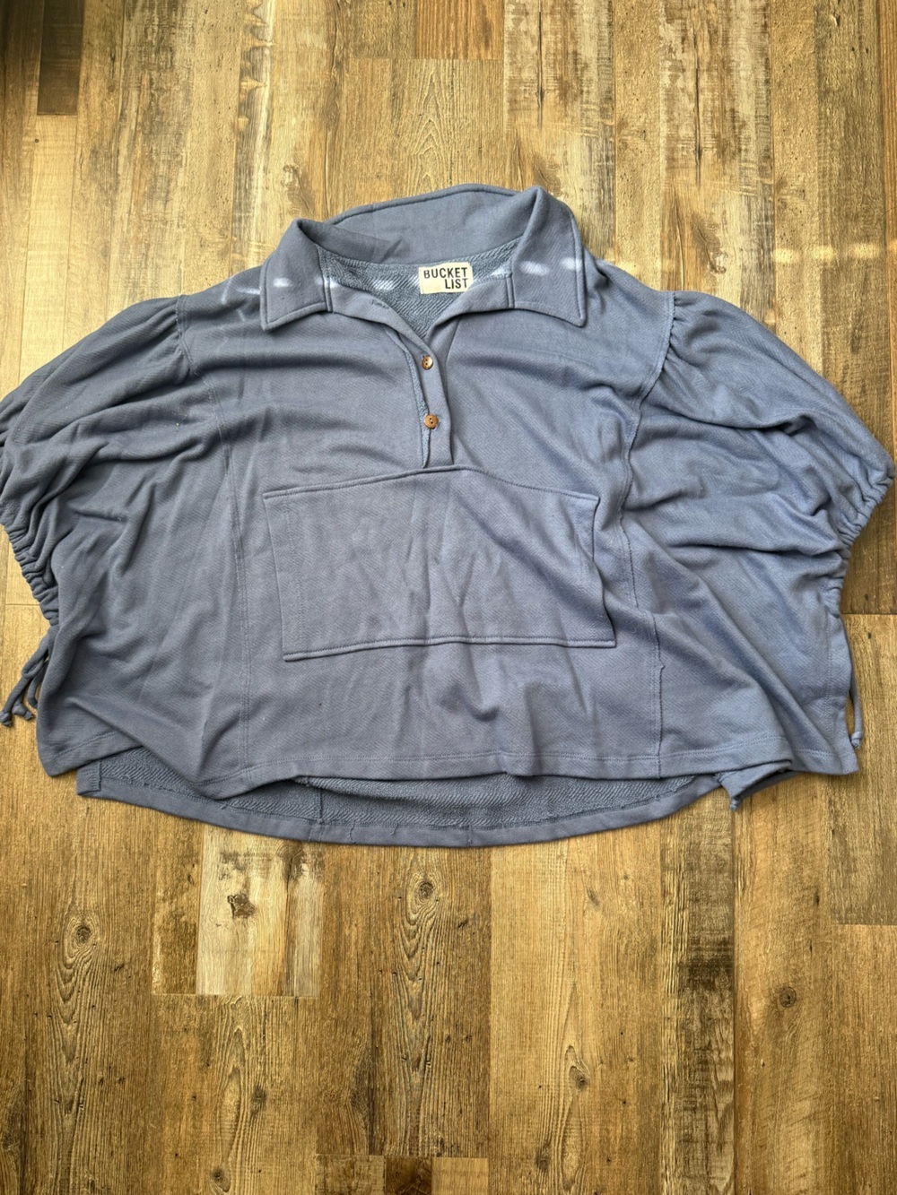 Bucket List Relaxed Pullover with Ruched Tie Sleeves in Dusty Blue